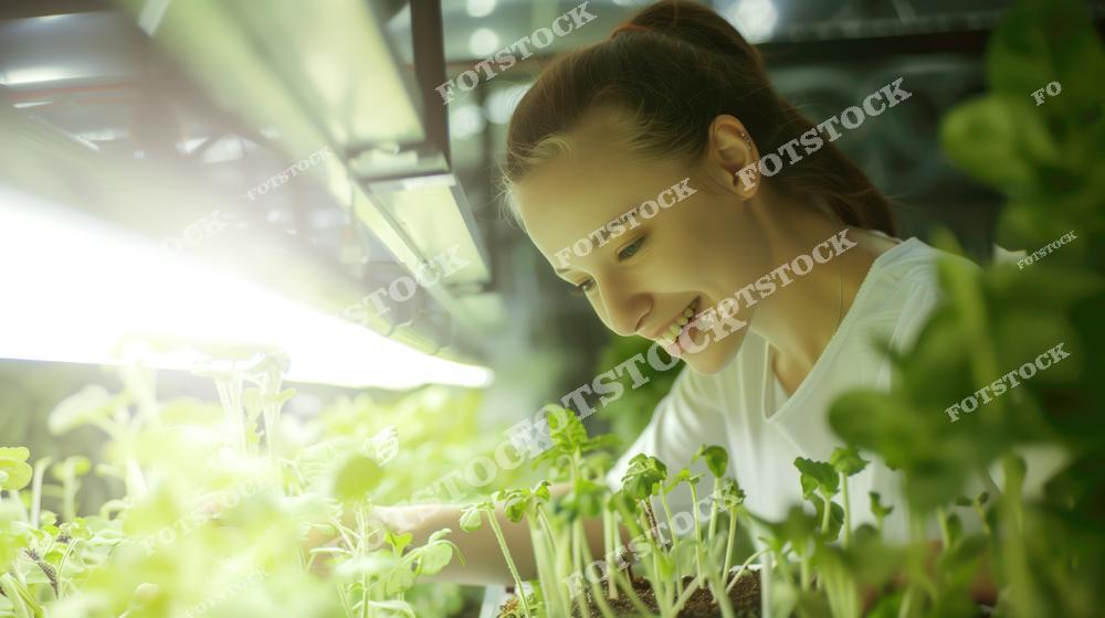 На изображении изображена женщина, которая внимательно ухаживает за растениями в теплице. Свет от ламп помогает растению развиваться в условиях, где природное освещение ограничено. Это изображение иллюстрирует важность технологий для сельского хозяйства и устойчивого выращивания растений.